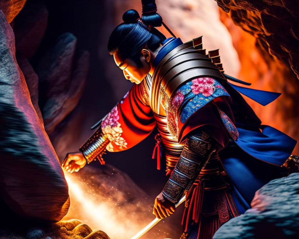 Samurai in traditional armor kneeling in cave with mystical glow.