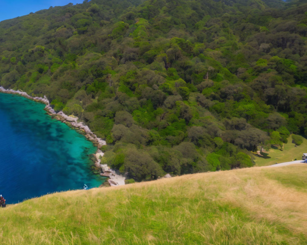 Vibrant Green Hills and Clear Blue Sea in Coastal Landscape