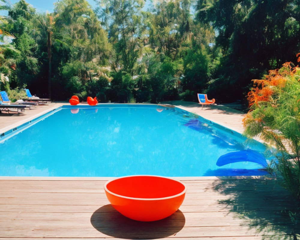 Colorful outdoor swimming pool with lush greenery and pool floats, red bowl on deck
