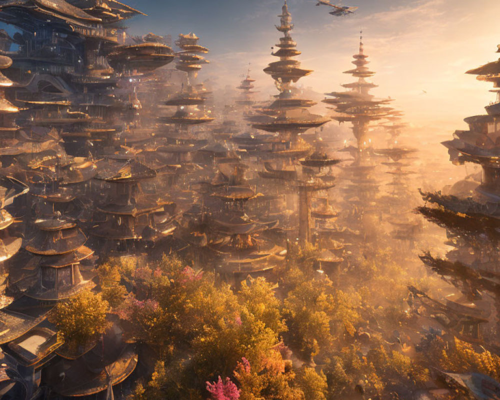 Fantastical cityscape with layered pagodas in golden mist and colorful foliage