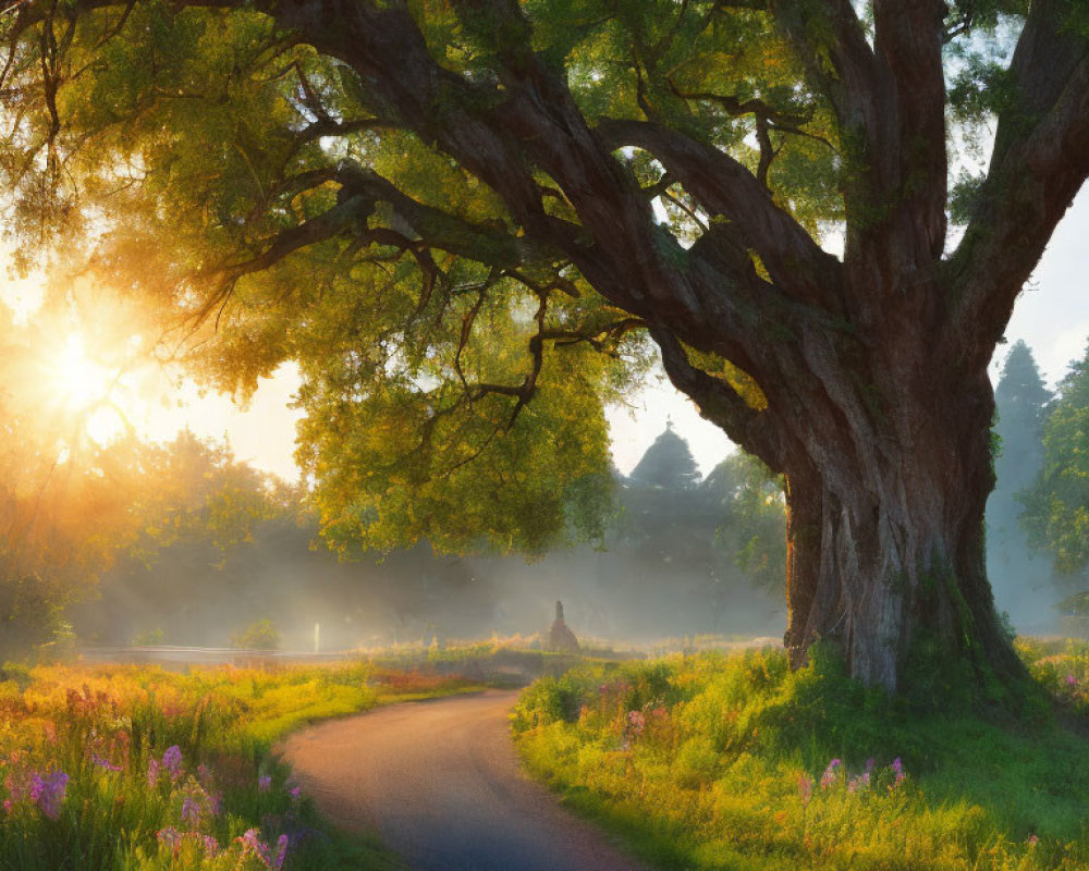 Tranquil Path with Sunlit Tree and Flora