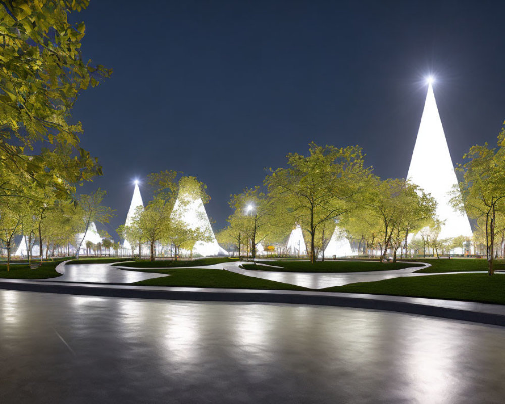 Nighttime modern park with cone-shaped structures, winding paths, and green trees.