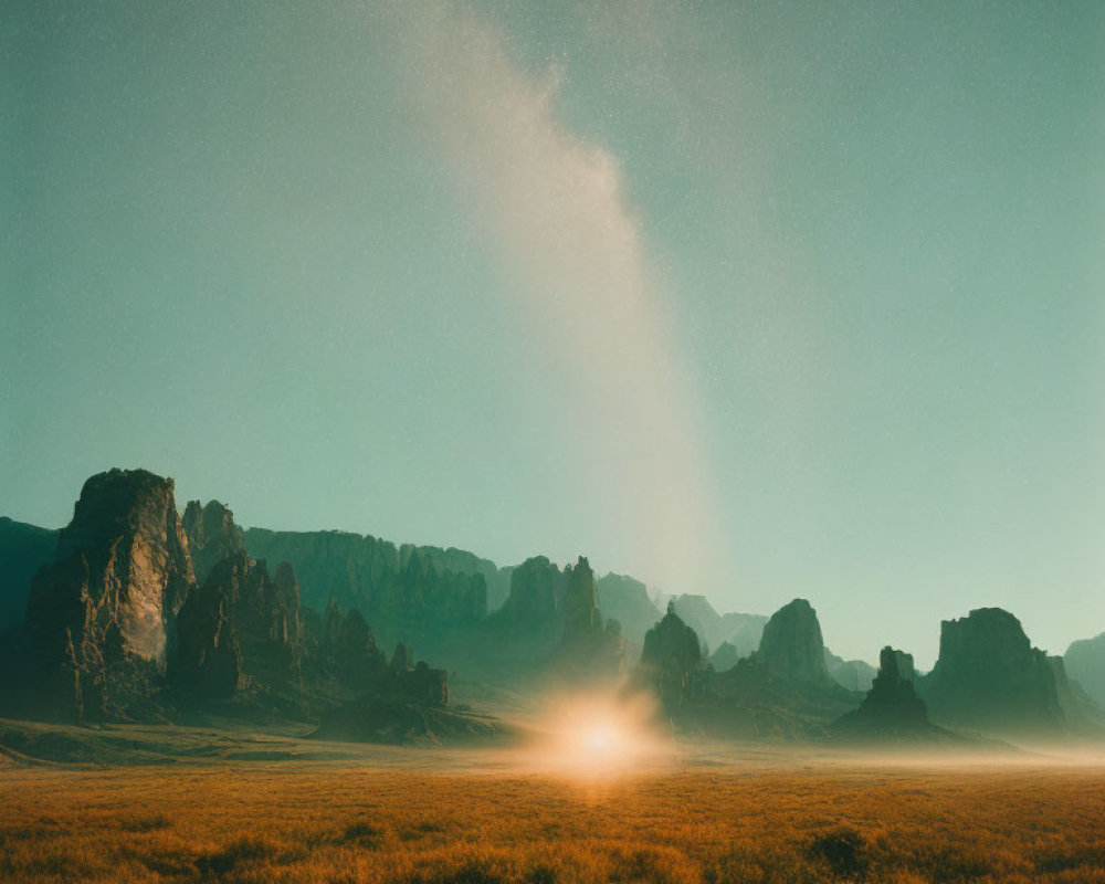 Sunlight through mist over golden field with rock formations against hazy sky