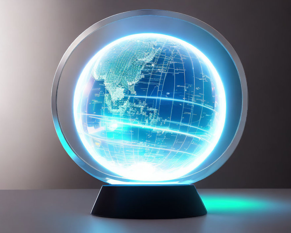 Futuristic glowing digital globe on stand against dark background