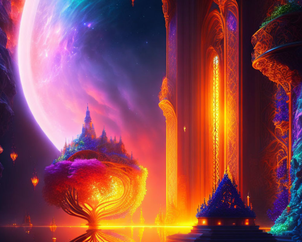Majestic alien architecture, glowing tree, celestial body in vibrant fantasy landscape