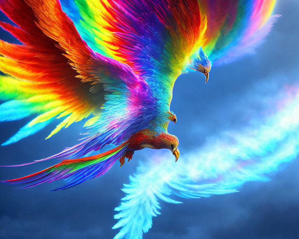 Colorful Fantastical Bird with Rainbow Feathers Soaring in Dramatic Sky