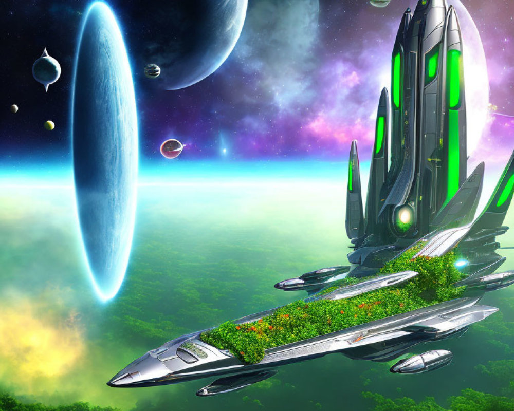 Futuristic city with towering structures and greenery on hovering vessels orbiting in space