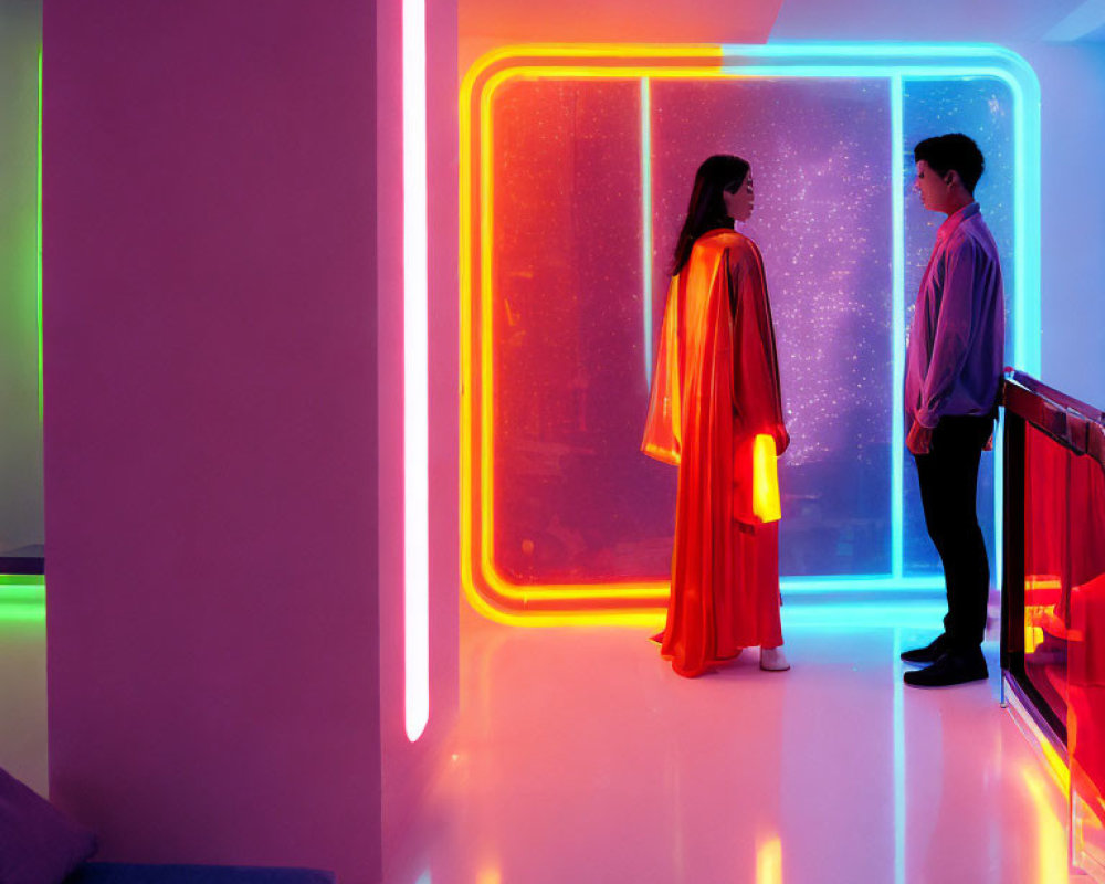 Neon-lit room with two people facing each other
