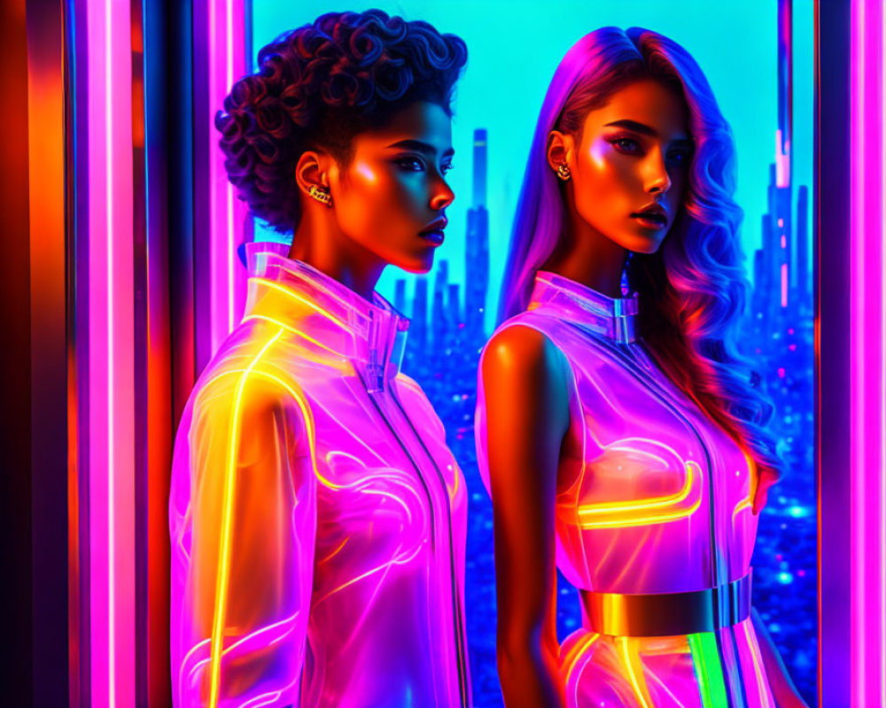 Futuristic women with glowing outfits in neon-lit cityscape