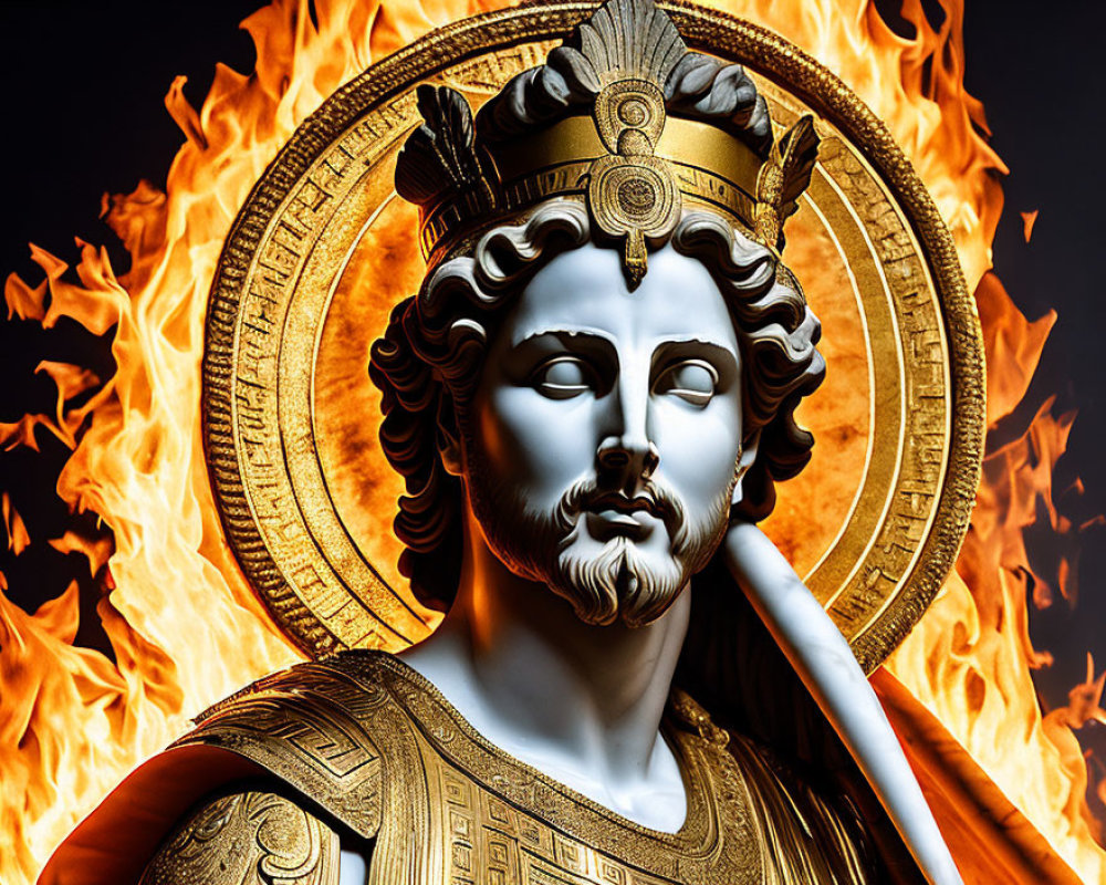 Digital artwork: Stoic male figure in golden crown and armor amid towering flames