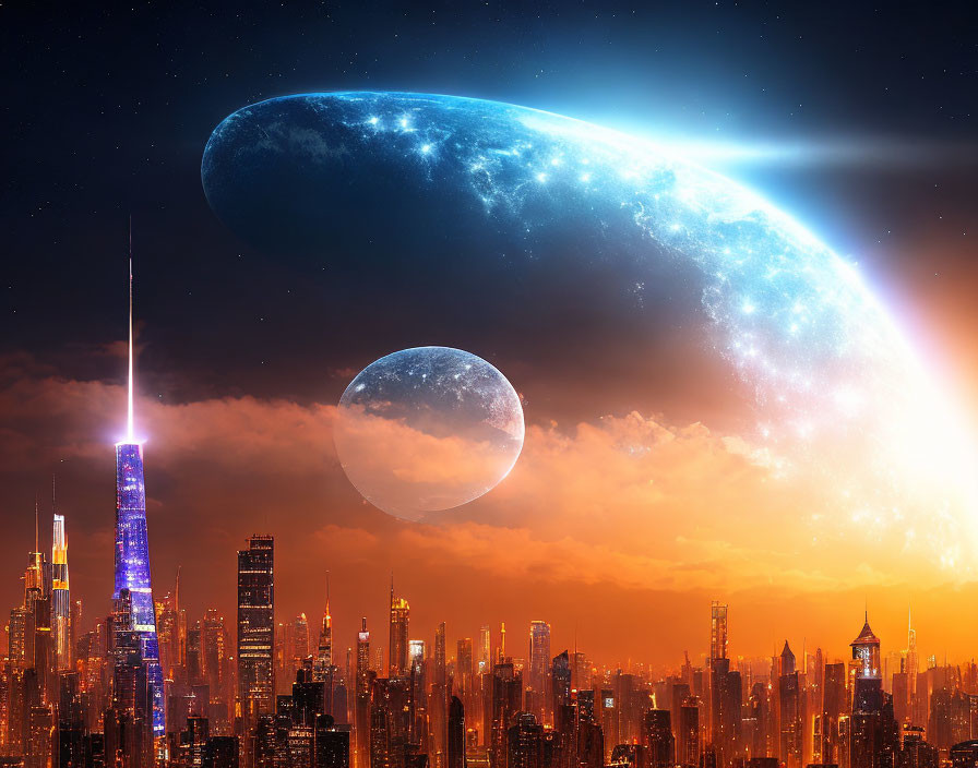 Futuristic city skyline at sunset with otherworldly planets above