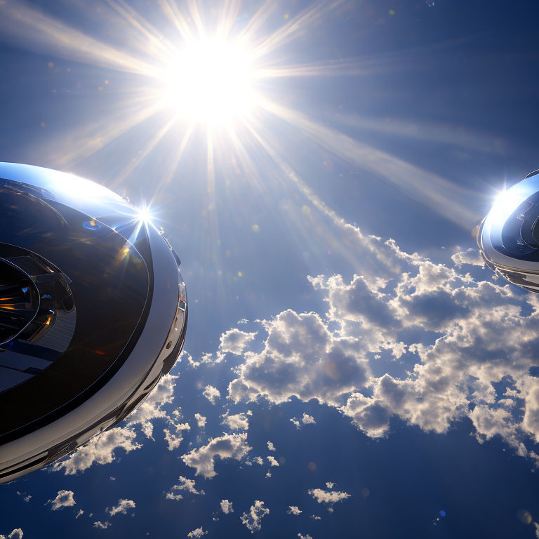 Futuristic spacecraft in blue sky with sun rays piercing clouds