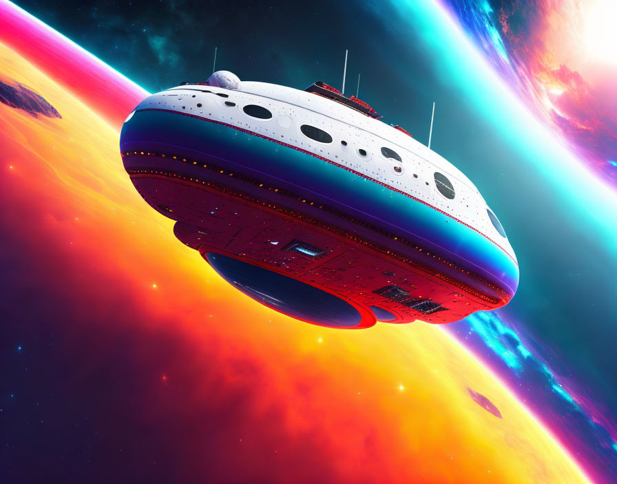 Sleek futuristic spaceship in vibrant cosmic sky