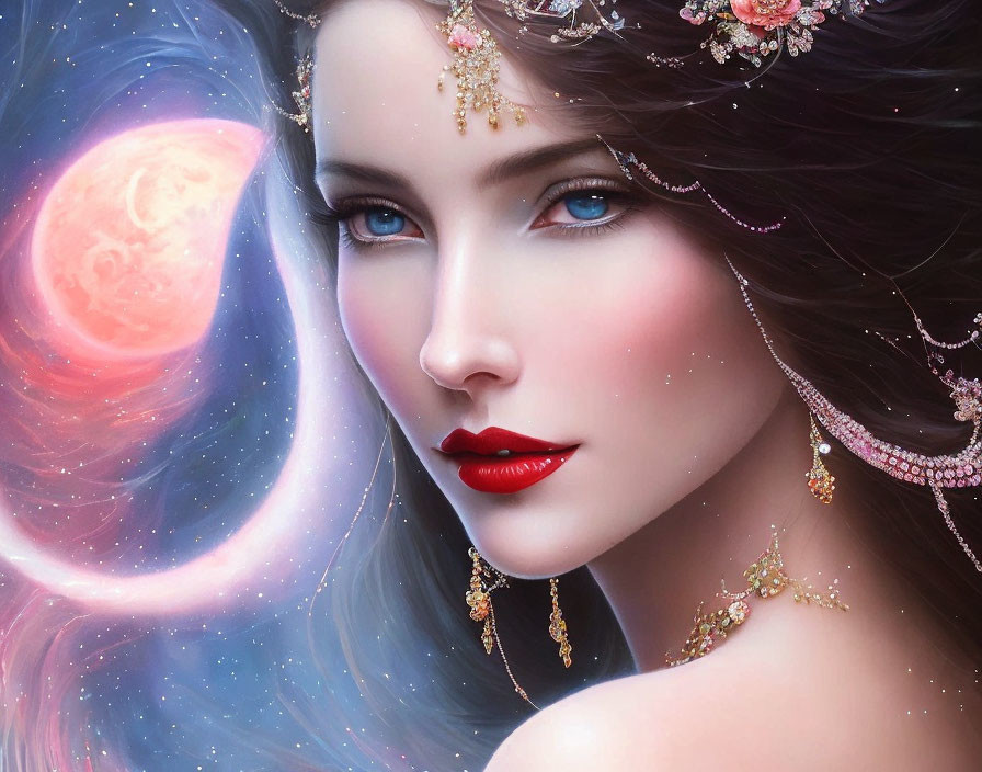 Illustrated portrait of woman with blue eyes, red lips, adorned in jewelry, against cosmic pink background
