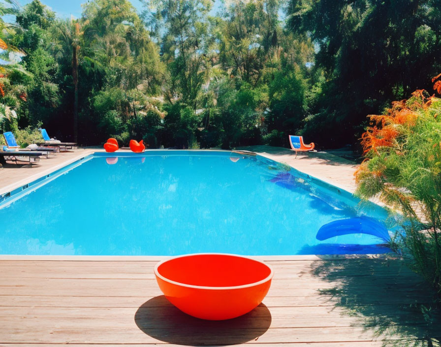 Colorful outdoor swimming pool with lush greenery and pool floats, red bowl on deck