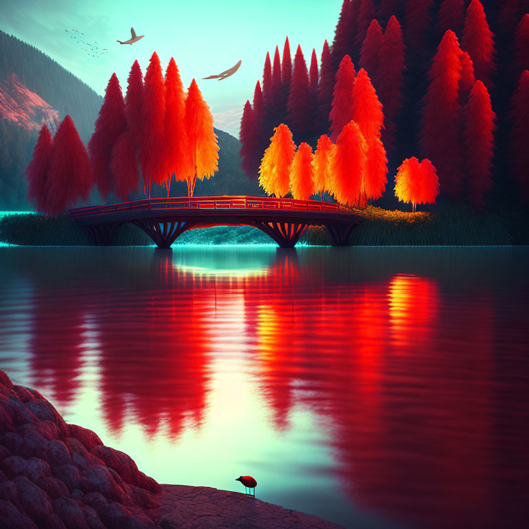 Autumn trees reflected in serene lake with classic bridge and flying birds