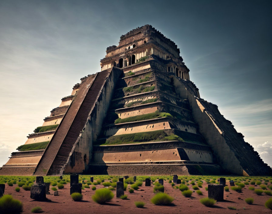 Stepped pyramid with staircase under cloudy sky in tuft-grass field