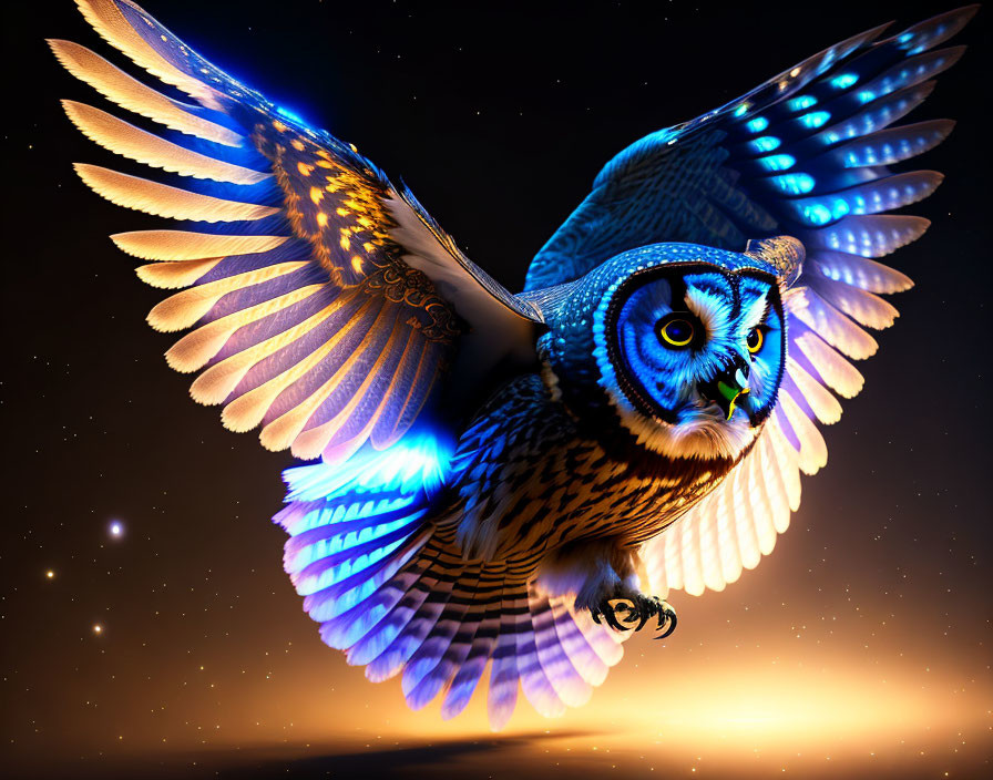 Colorful Owl Flying in Starry Night Sky with Detailed Feathers