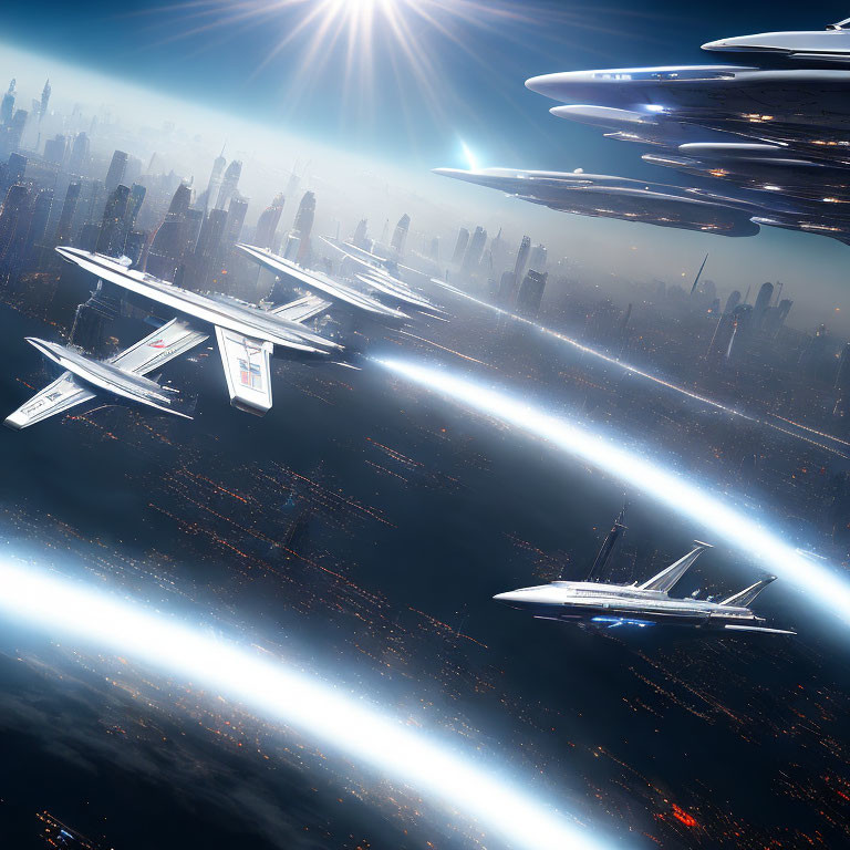 Futuristic spaceships soar over illuminated cityscape at dusk