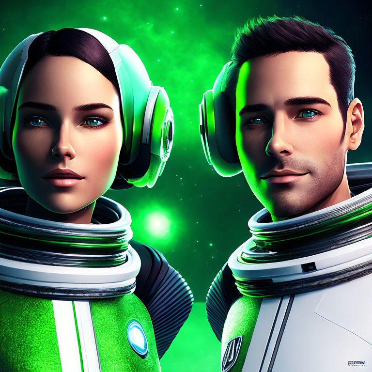 Futuristic digital artwork of male and female characters in space suits