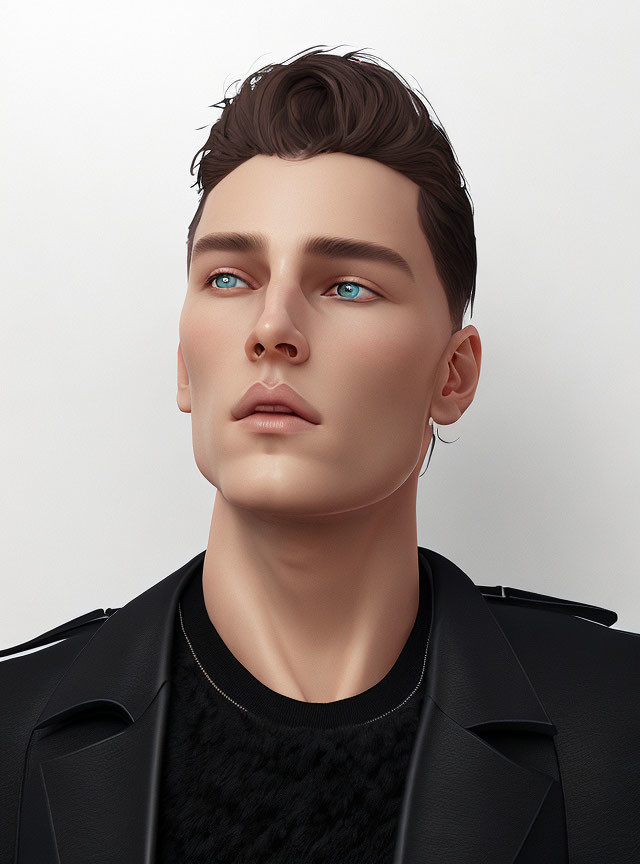 Man with Blue Eyes and Dark Hair in Stylish Outfit Portrait