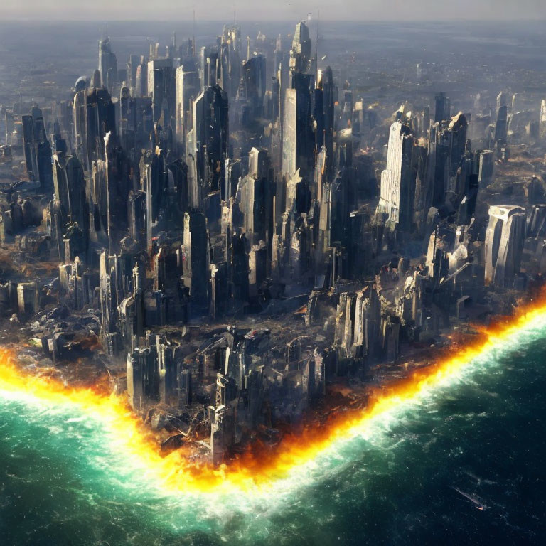 Dystopian cityscape hit by massive fiery shockwave