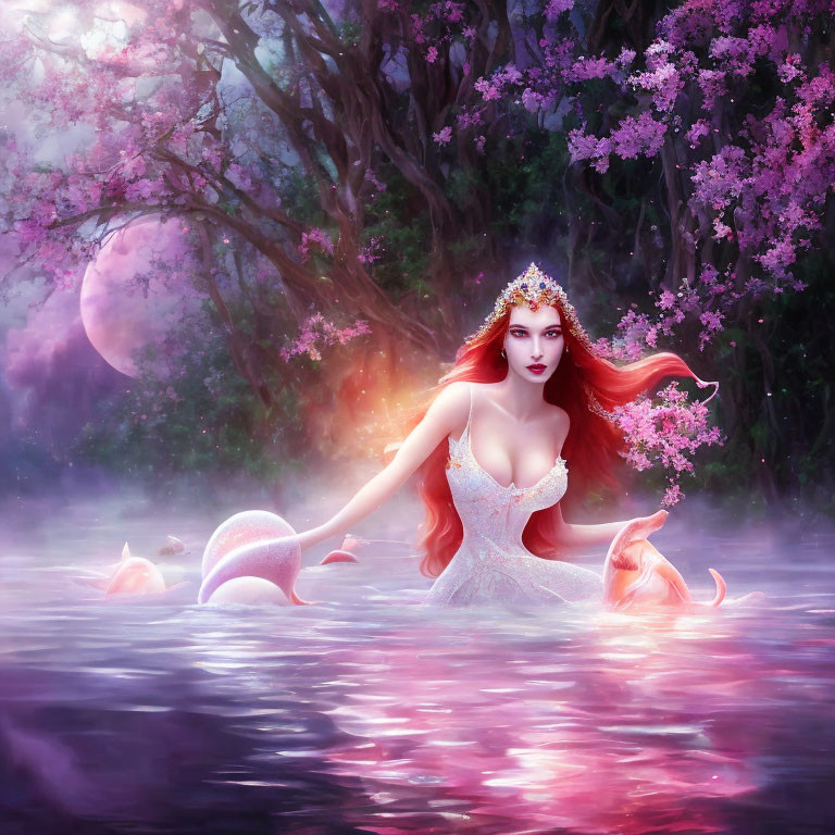 Red-Haired Mermaid with Crown in Purple Water and Blooming Trees