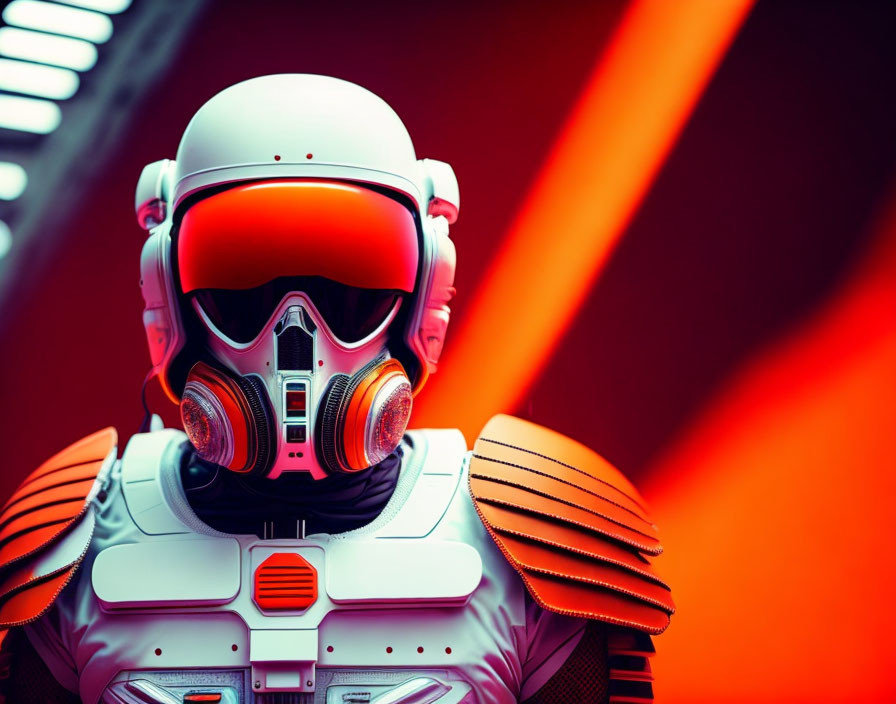 White-armored robot with orange visor in red backdrop