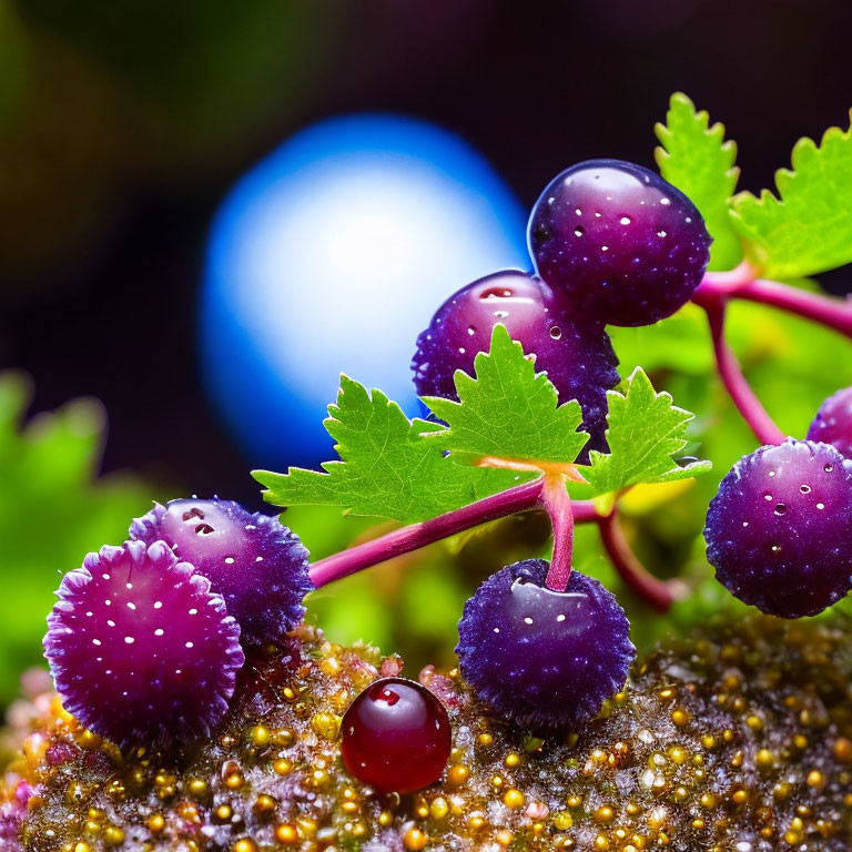 Fresh purple berries on green stem with water droplets, set against blurred blue and brown background