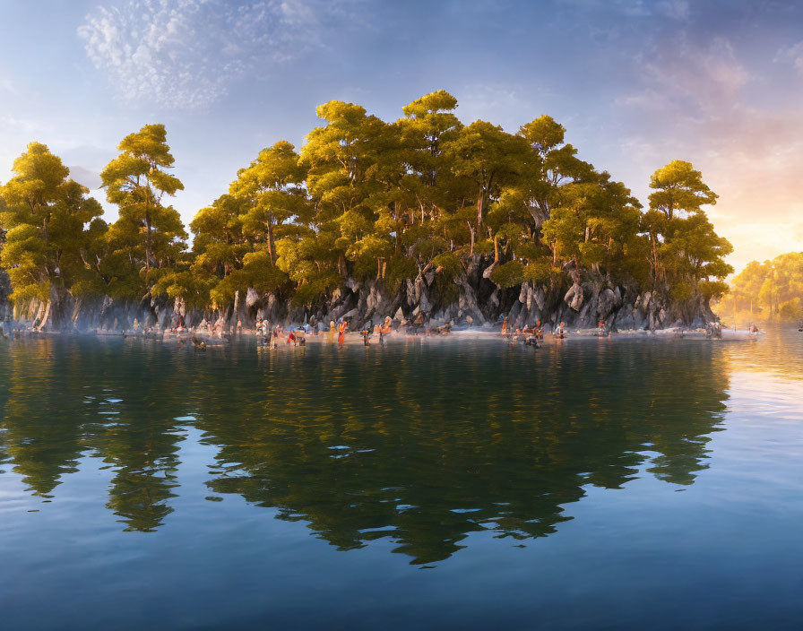 Tranquil island with pine trees and rocky base mirrored in serene water at golden hour