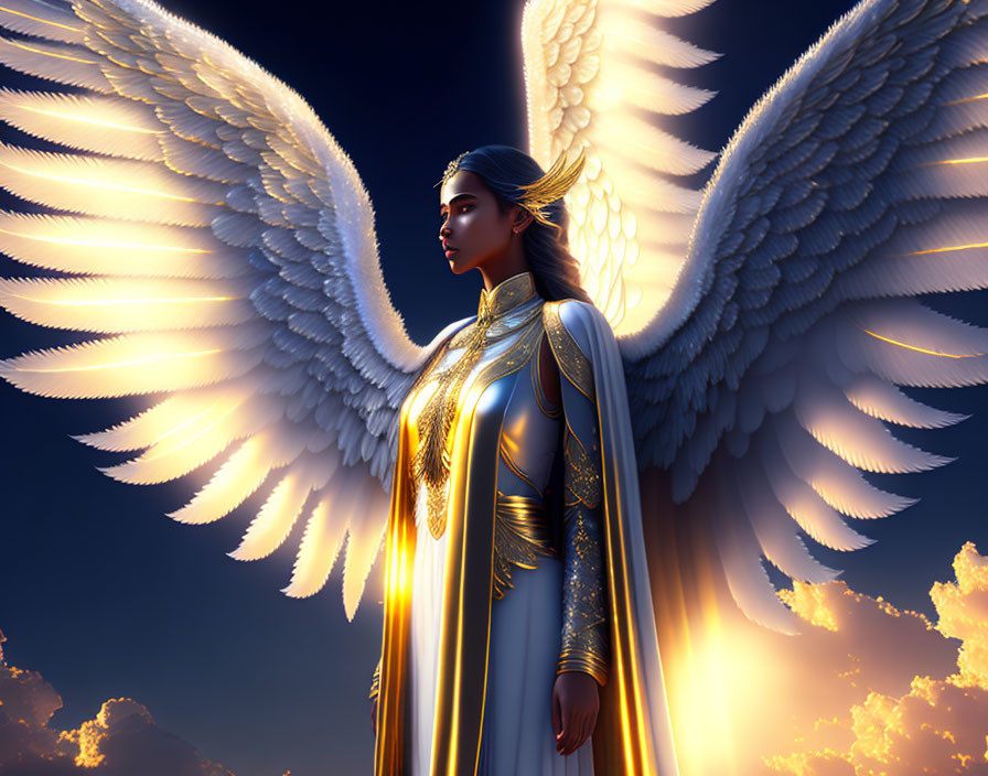 Majestic angelic figure with radiant wings and golden armor in dramatic sky