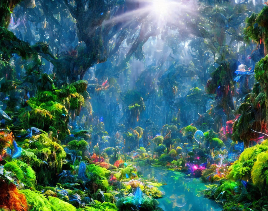 Mystical forest with lush greenery, sparkling lights, and serene stream