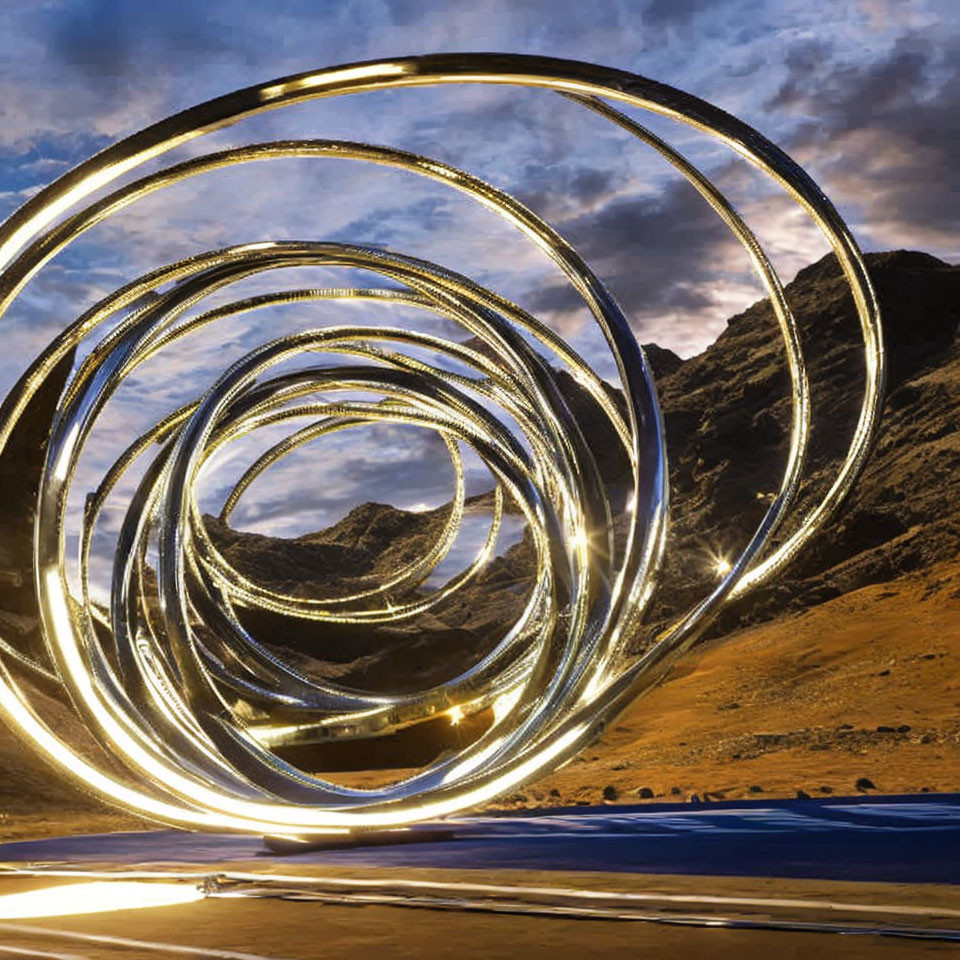 Mountainous Desert Spiral Light Installation at Dusk: Glowing Ribbon Illusion