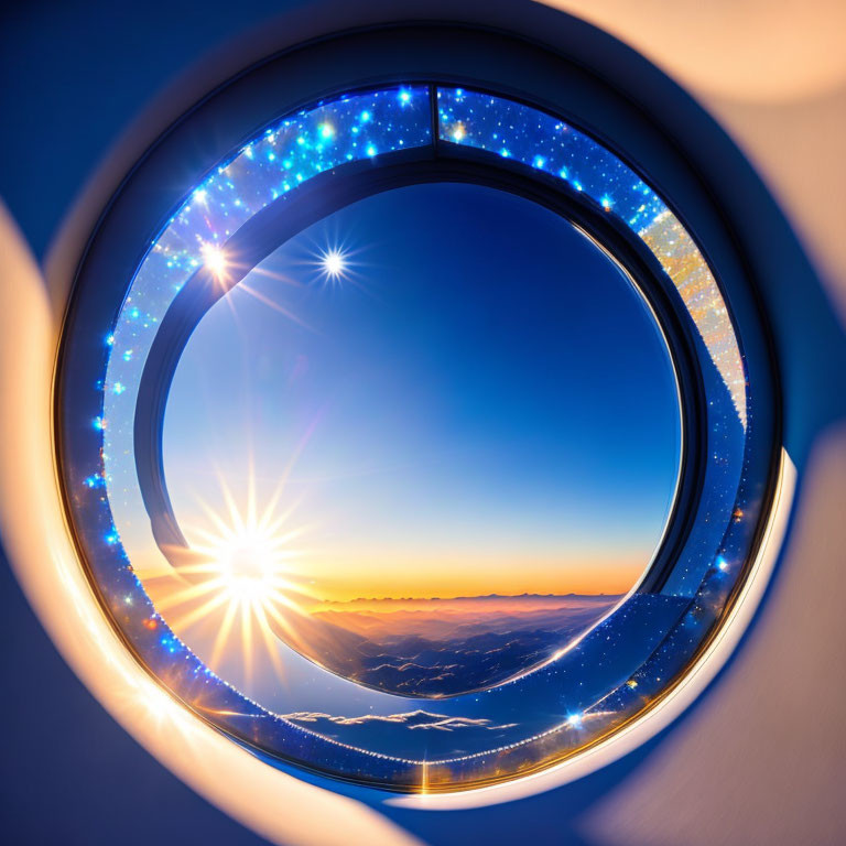 Airplane Window View of Sunrise and Starry Sky with Mountain Horizon