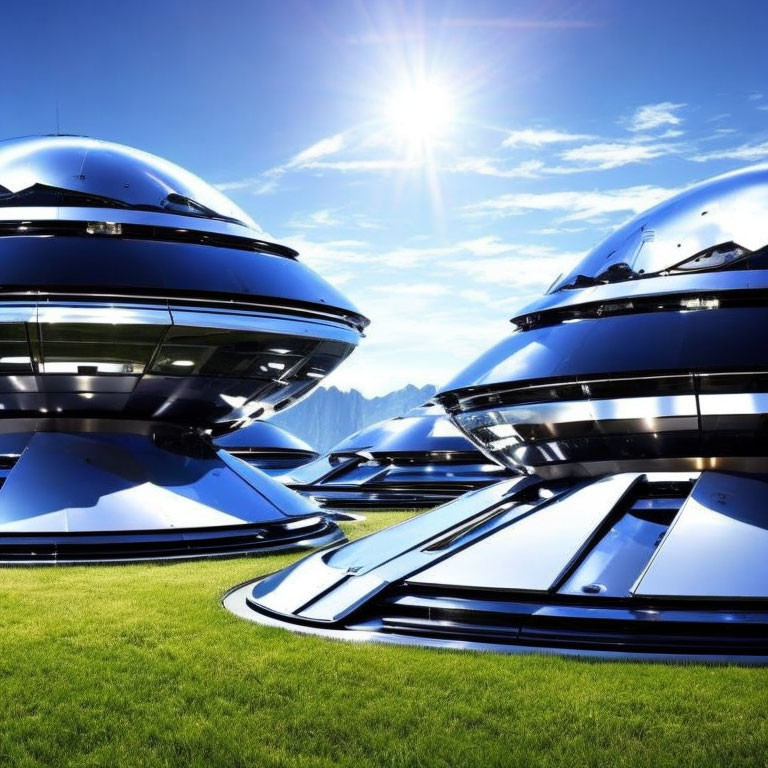 Reflective domed buildings on green lawn under clear blue sky