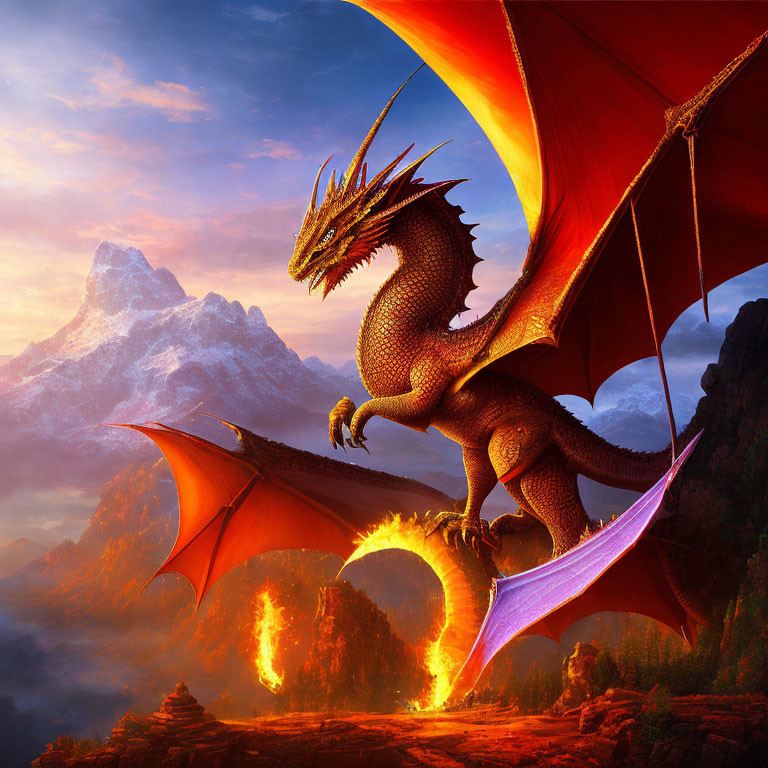 Majestic dragon with fiery breath overlooking mountain landscape at sunset