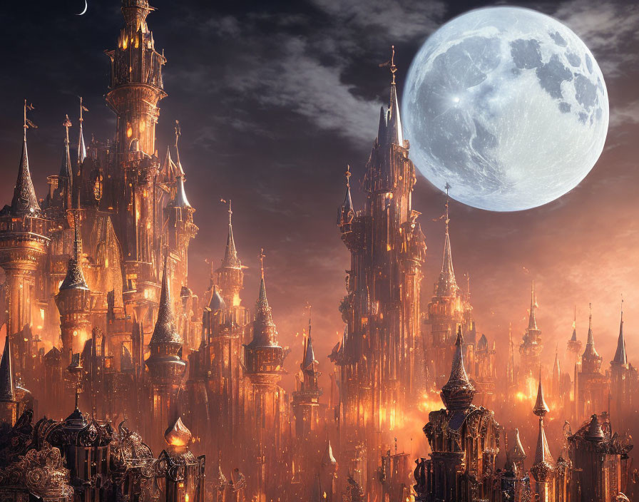 Majestic fantasy castle with glowing spires and detailed moon.