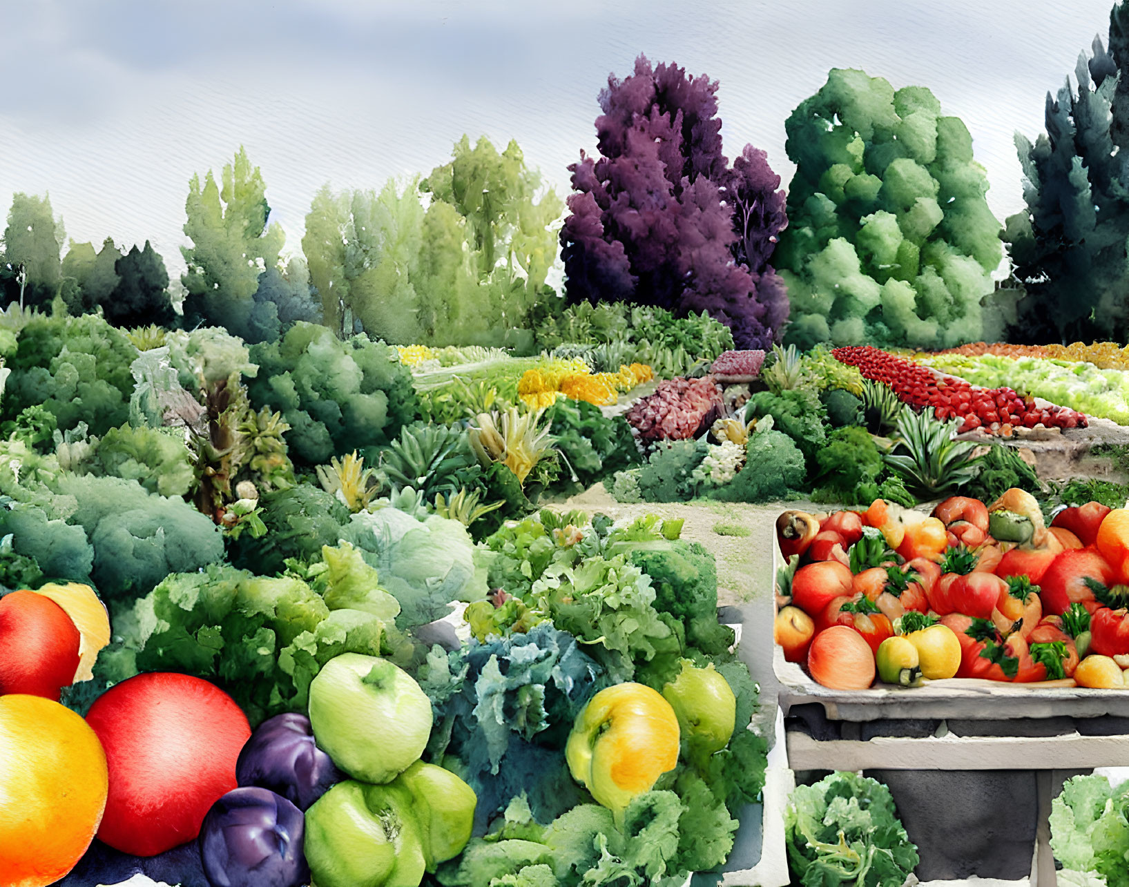 Colorful Watercolor Farmers Market with Fruits & Vegetables