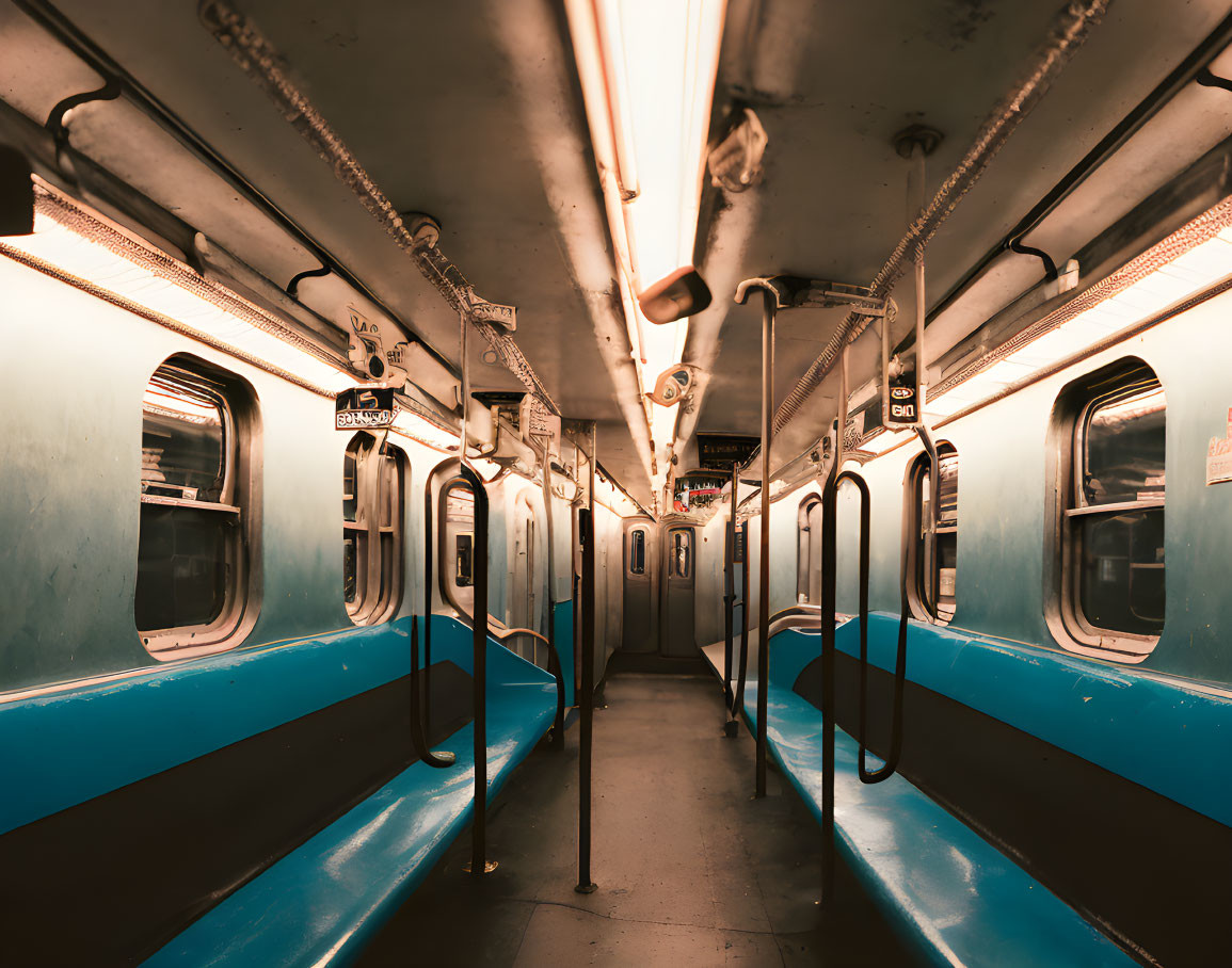 Empty Subway Car with Blue Seats and Handrails in Warm Lighting