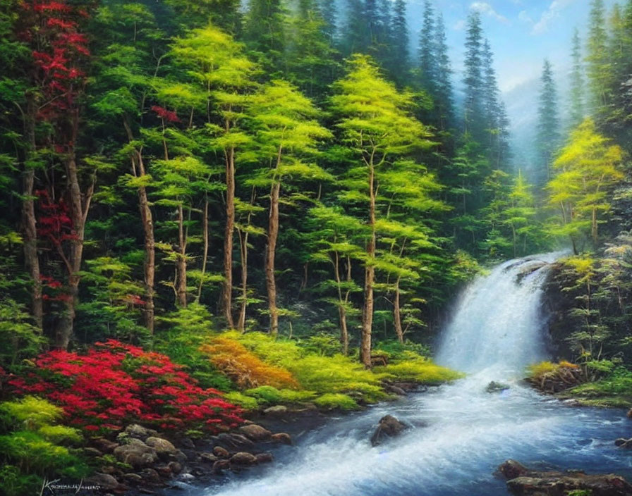 Tranquil forest scene with green trees, red flowers, waterfall, and stream