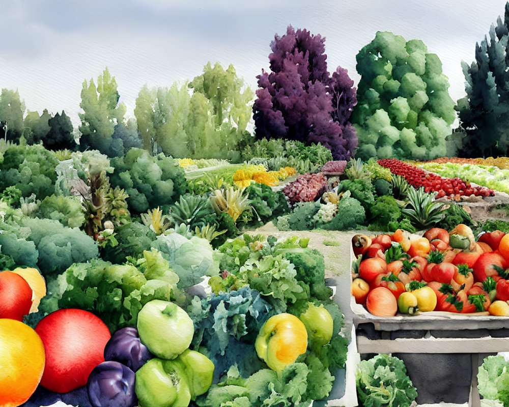 Colorful Watercolor Farmers Market with Fruits & Vegetables
