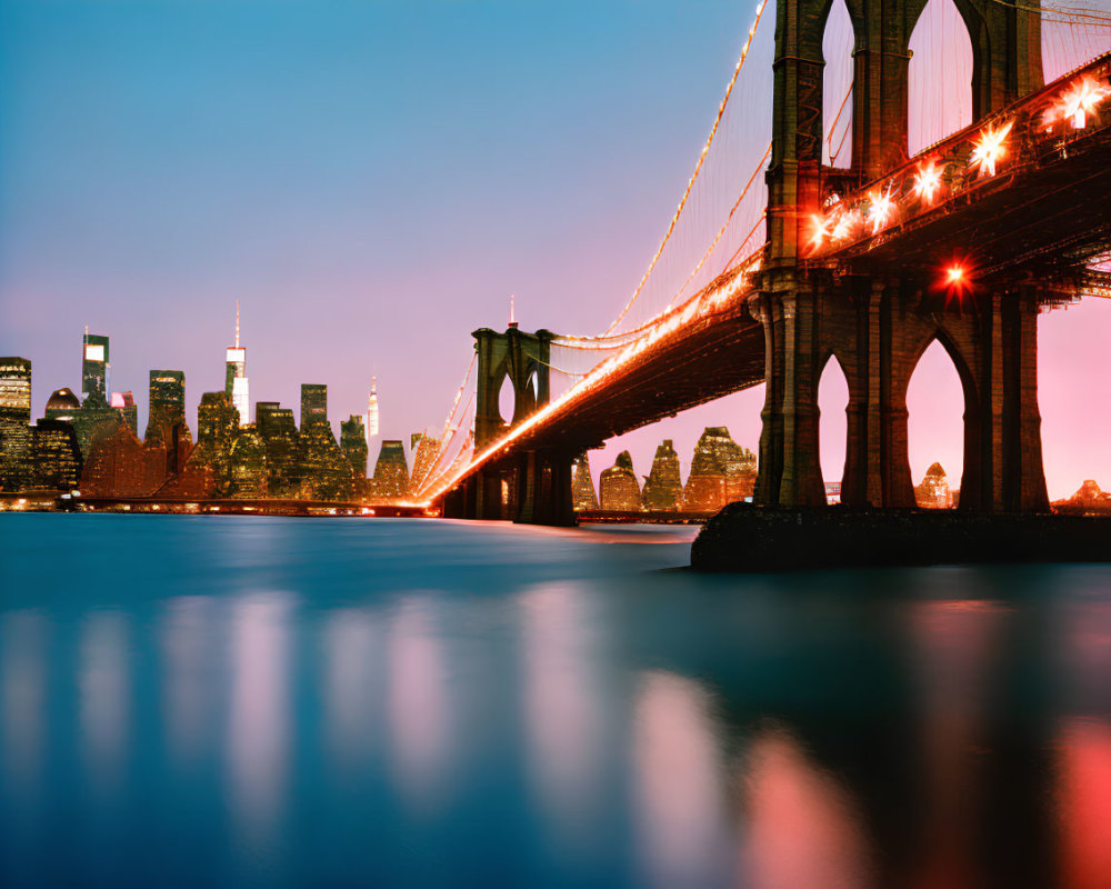 Iconic Brooklyn Bridge at Sunset with NYC Skyline