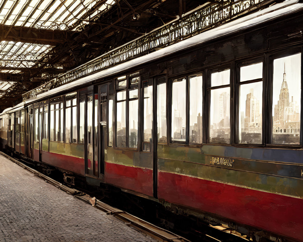 Vintage train with green and red stripes in grand, sunlit station