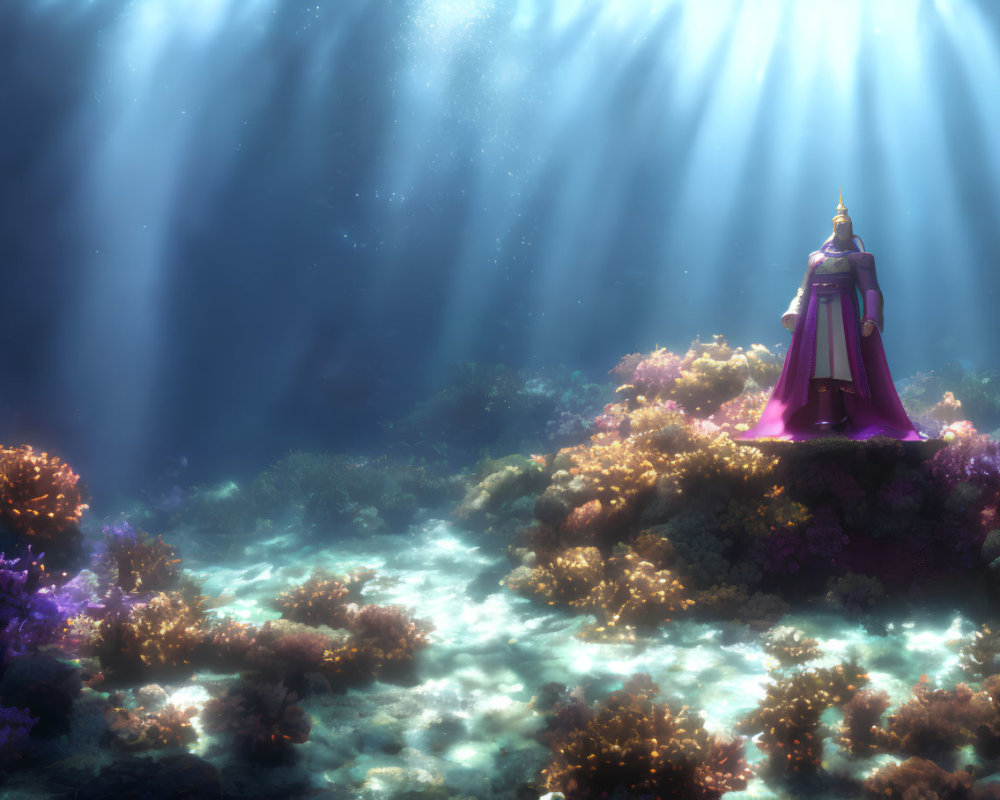 Colorful Coral and Cloaked Figure in Magical Underwater Scene