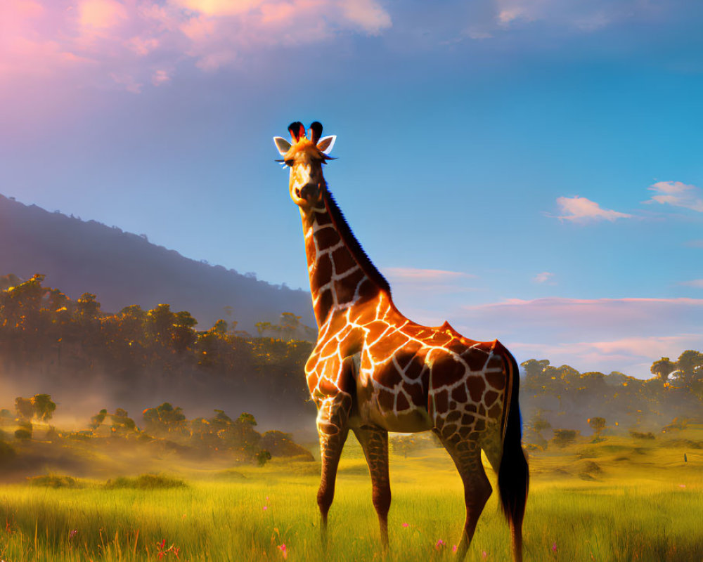 Giraffe in sunlit field with flowers and mountain landscape