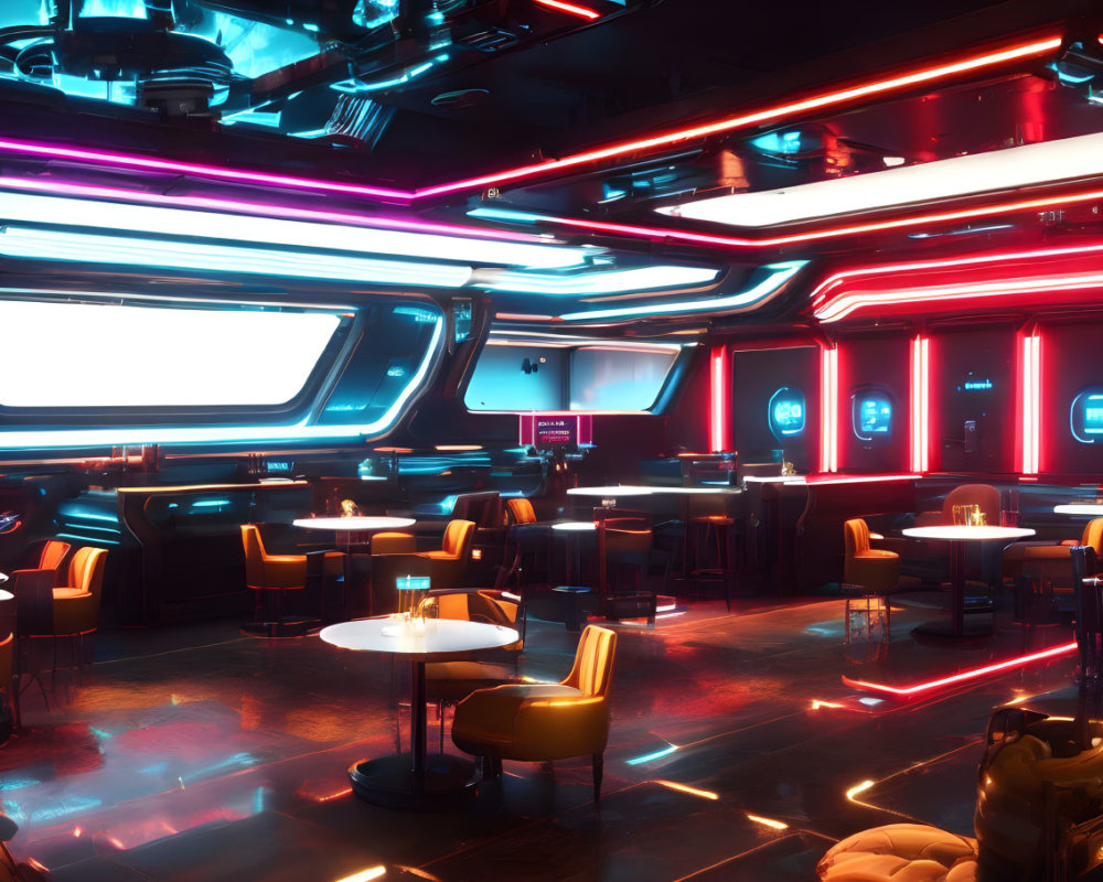 Futuristic Neon-Lit Bar with Glowing Tables and High-Tech Screens