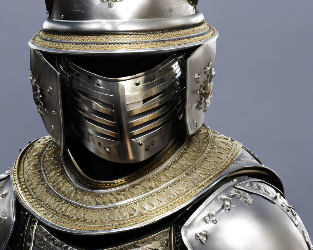 Detailed medieval knight's suit of armor with ornate helmet and metalwork.