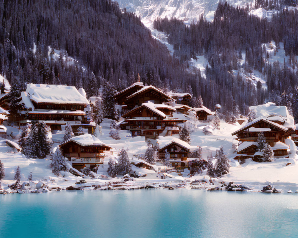 Winter scene: Chalets by snowy hillside & turquoise lake