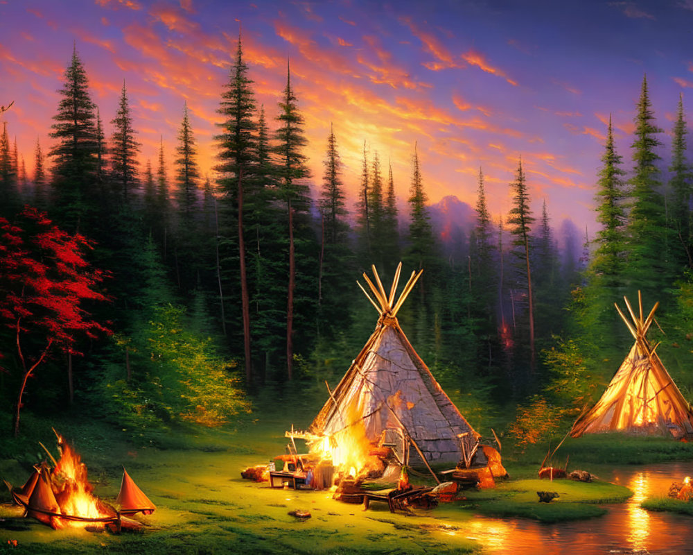 Tranquil campsite with teepees, campfire, canoes, river, forest, sunset