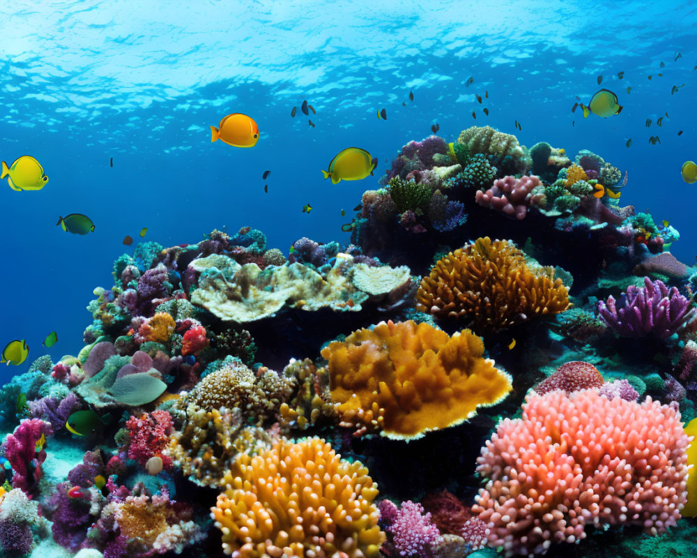 Colorful Coral Reef with Fish in Clear Blue Water
